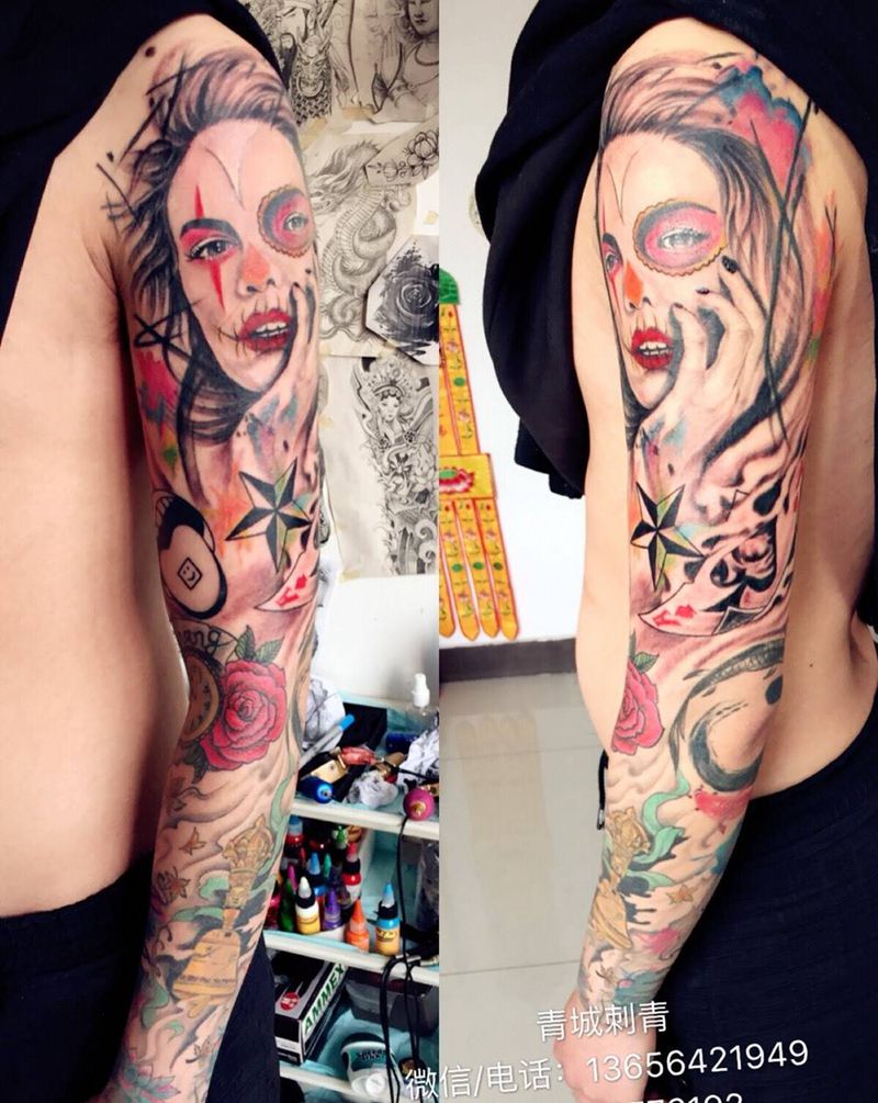 花臂纹身图片_成品手臂欧美传统肖像字符人物植物静物宗教纹身图案