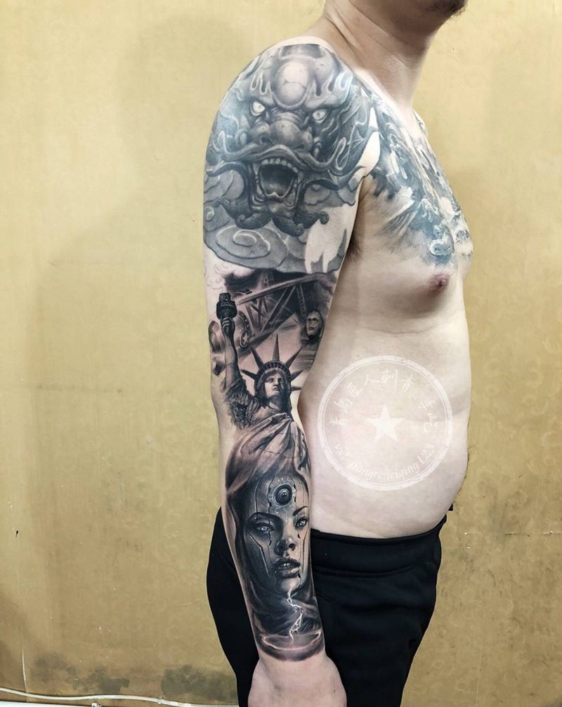 接花臂 欧美花臂纹身图片_手臂欧美写实肖像欧美纹身图案