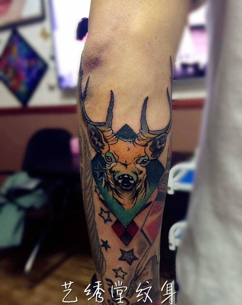 鹿纹身图片_成品手臂写实原创纹身图案