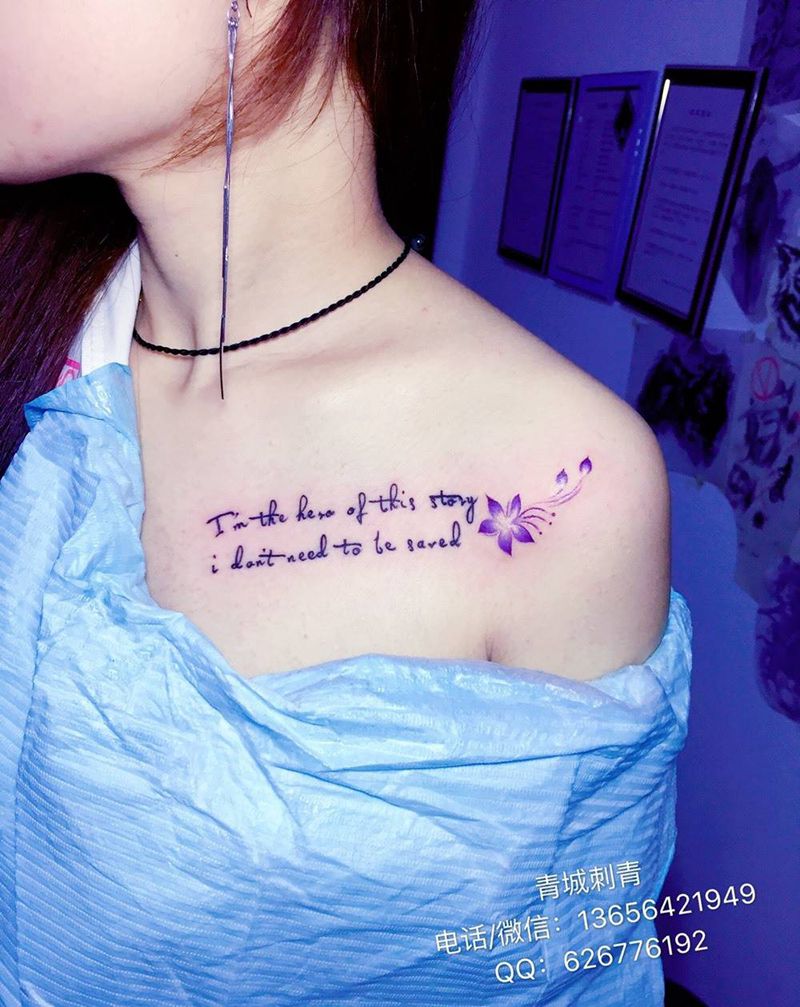 紫色小花纹身图片_成品胸部清新传统植物字符原创纹身图案