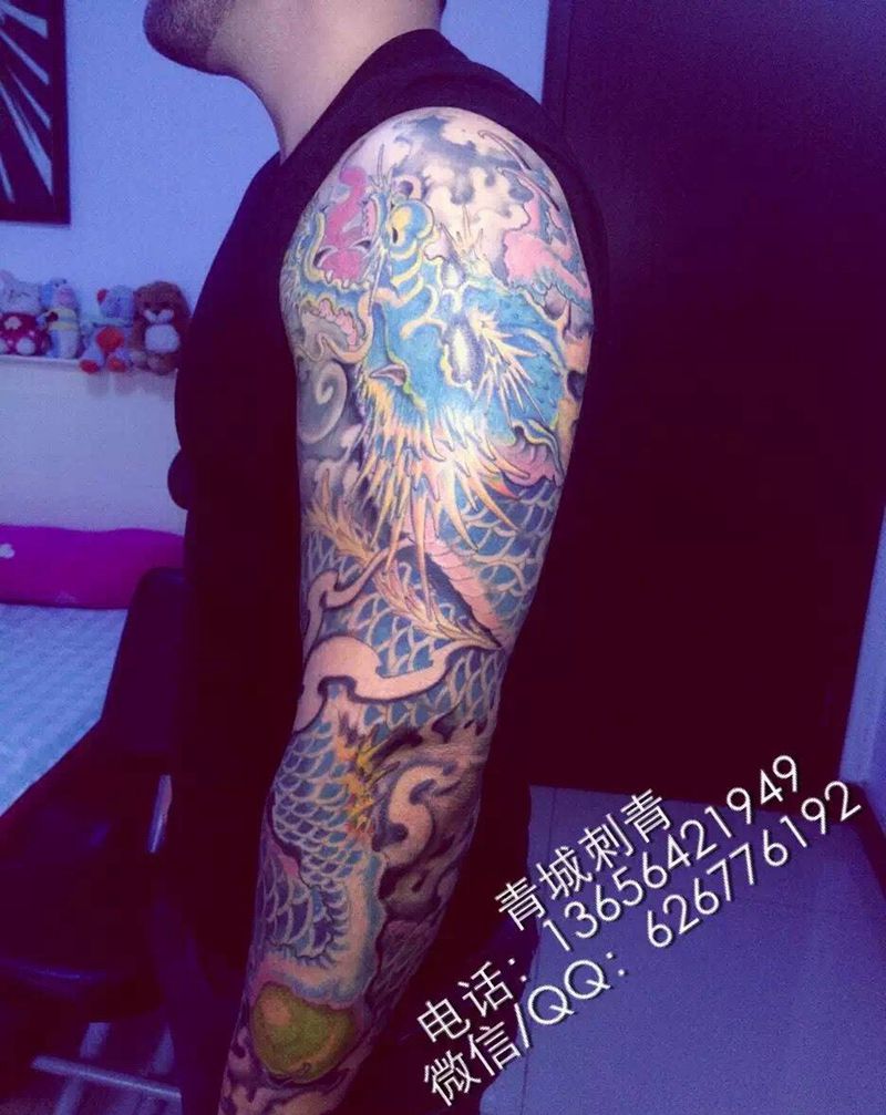 花臂龙纹身图片_成品手臂传统动物鬼神纹身图案