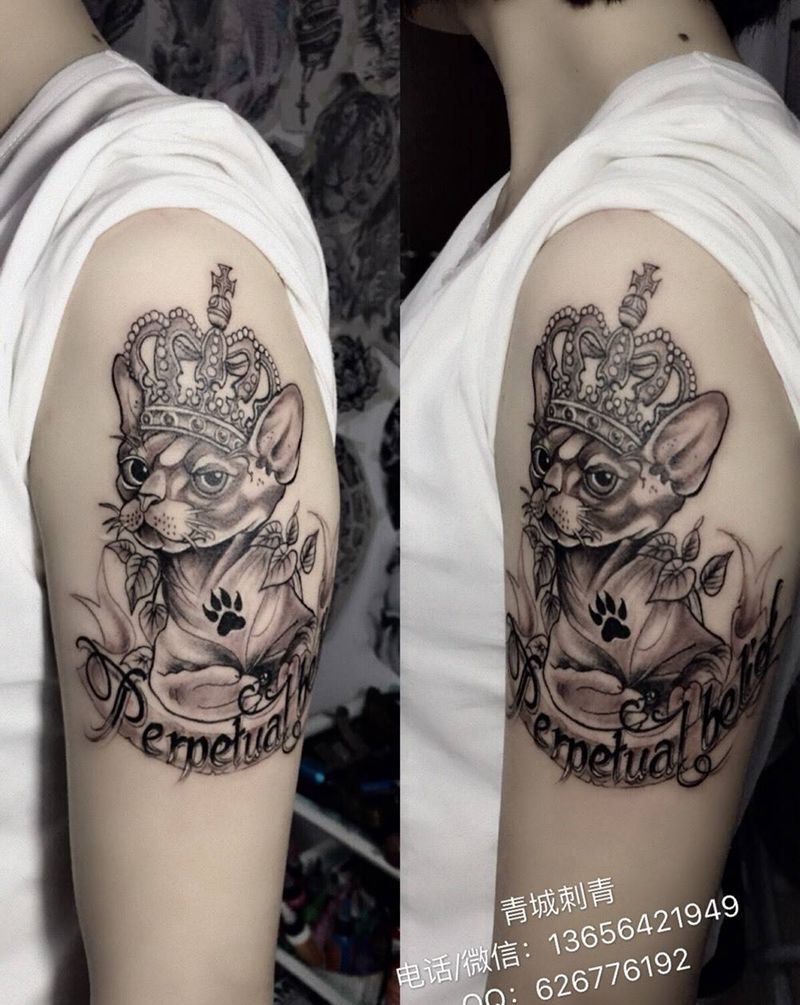 斯芬克斯猫纹身图片_成品手臂欧美清新动物字符原创纹身图案
