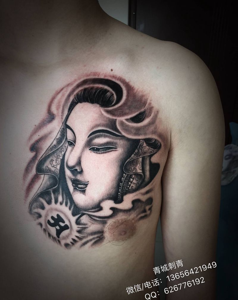 文殊菩萨纹身纹身图片_胸部老传统新传统纹身图案