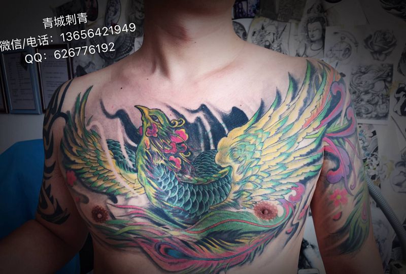 凤凰纹身纹身图片_胸部老传统纹身图案