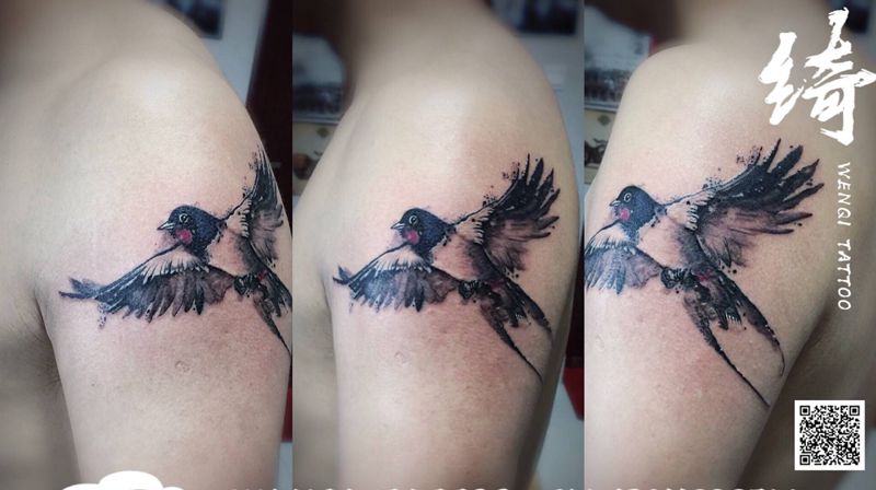 燕子纹身图片_手臂水墨纹身图案