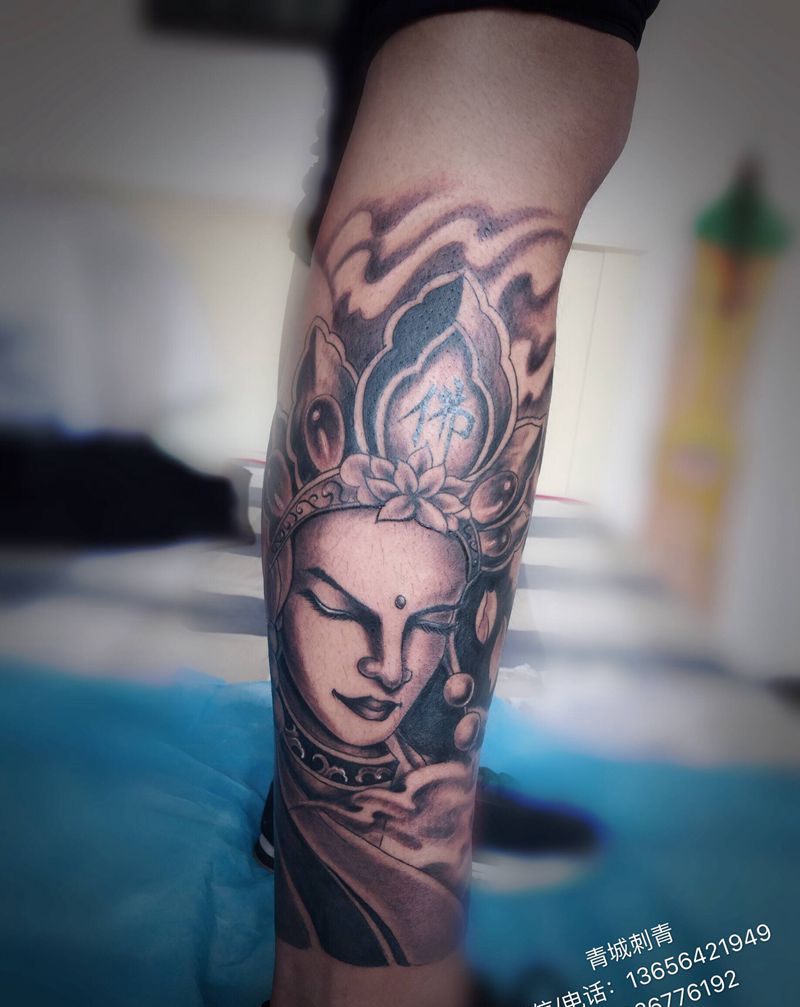 地藏王菩萨纹身纹身图片_腿部老传统新传统纹身图案