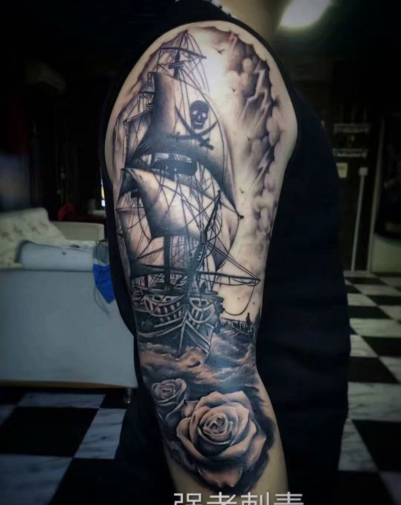 写实帆船纹身图片_手臂欧美写实纹身图案