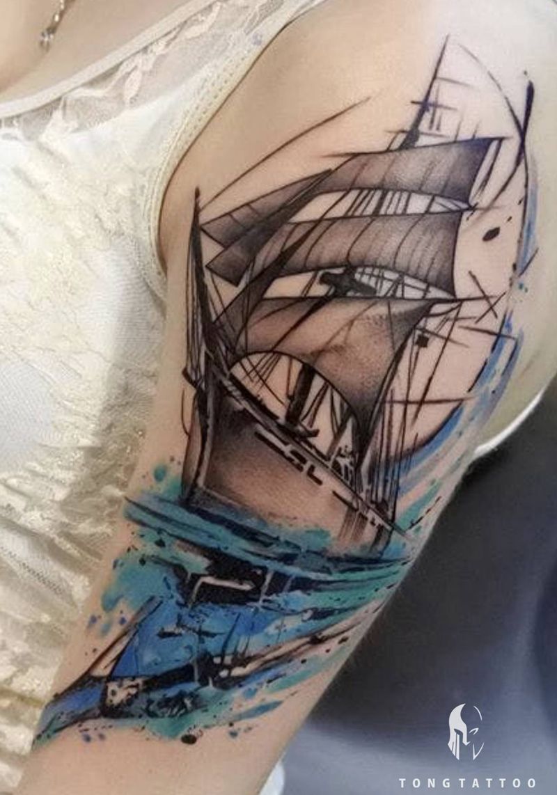 帆船纹身图片_手臂欧美写实纹身图案