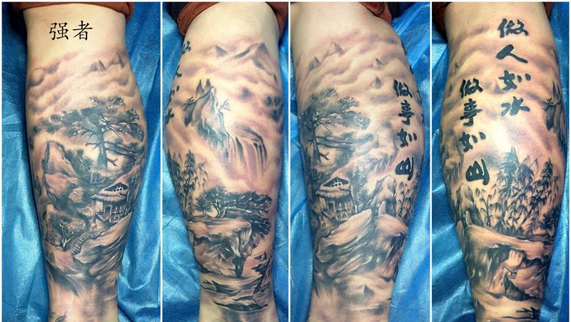 中国风格4千包小腿纹身图片_腿部水墨纹身图案
