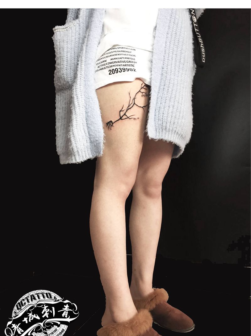 树枝纹身 美女大腿纹身纹身图片_腿部新传统花体字纹身图案