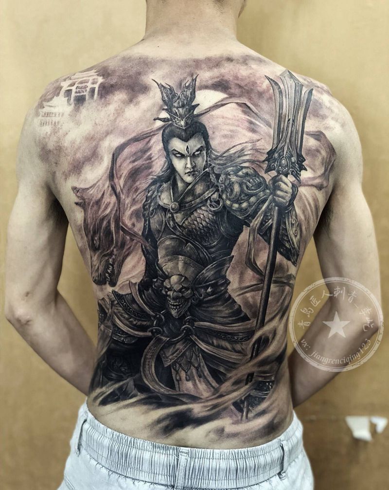二郎真君4 二郎神 满背纹身图片_背部新传统欧美写实二郎神 杨戬纹身图案
