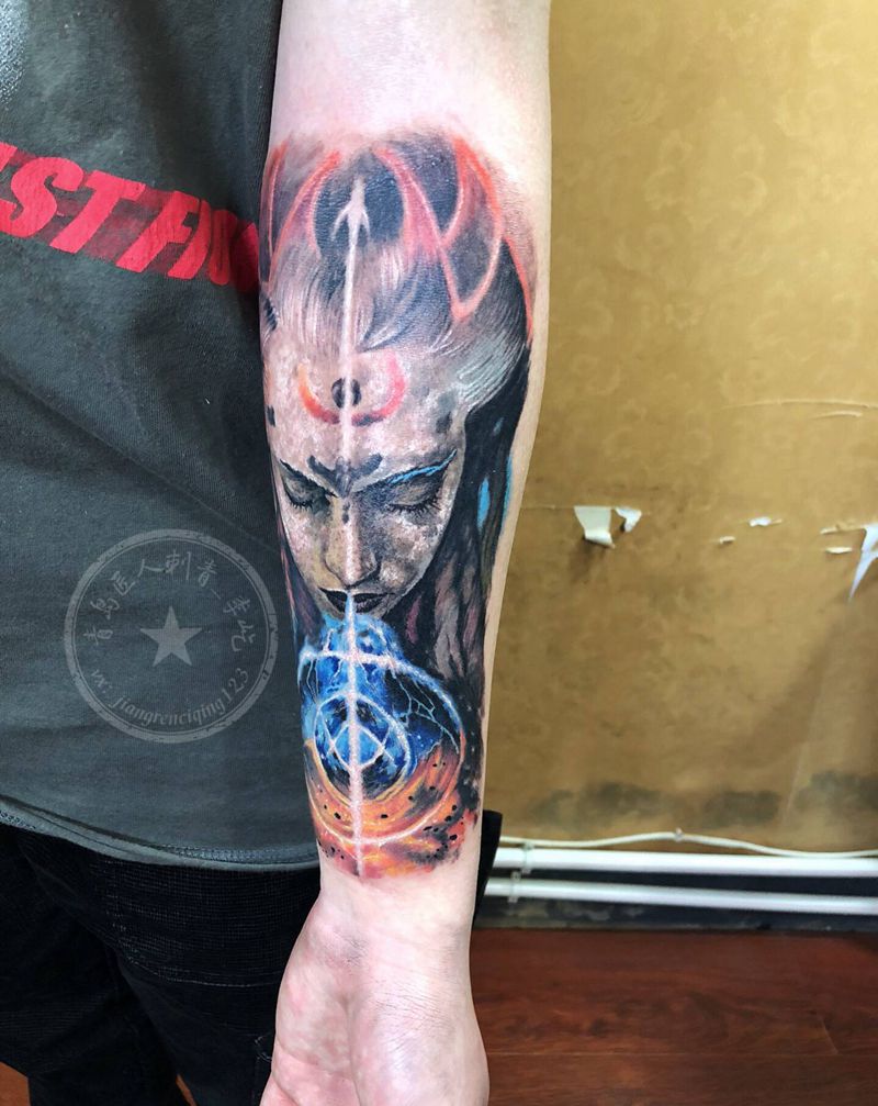 彩色欧美小臂纹身图片_手臂新传统欧美写实彩色肖像纹身图案