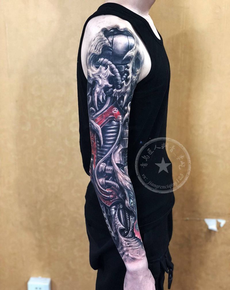 生化机械臂纹身图片_手臂新传统欧美写实机械生化花臂纹身图案