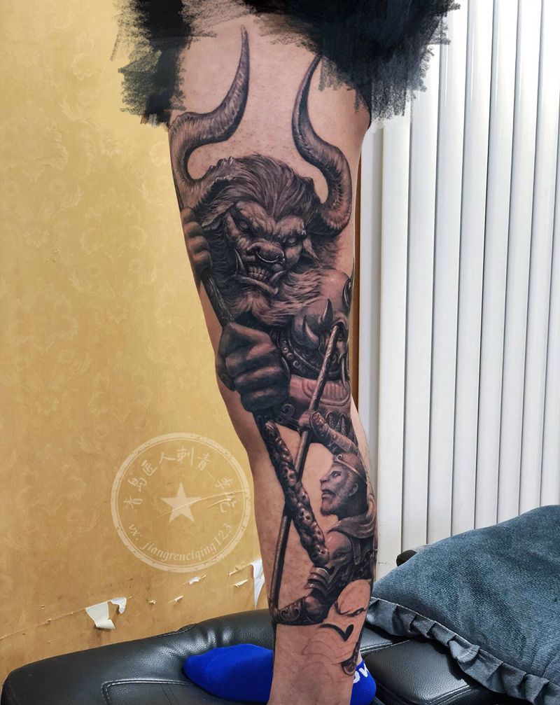 牛魔王纹身图片_腿部新传统欧美写实牛魔王孙悟空纹身图案
