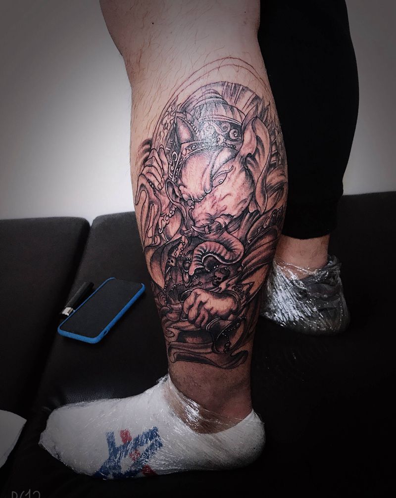 小腿象神纹身图片_腿部新传统纹身图案