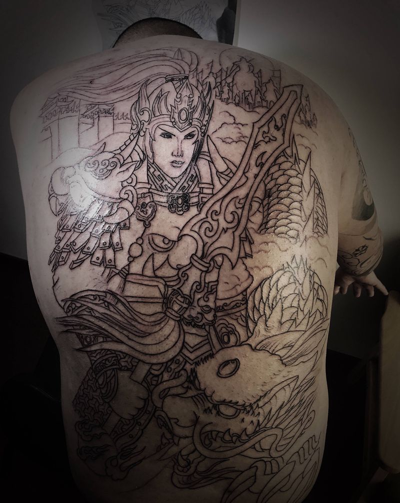 满背赵云纹身图片_背部新传统纹身图案