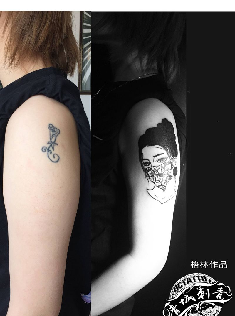 美女头像纹身图片_手臂Old School几何纹身图案