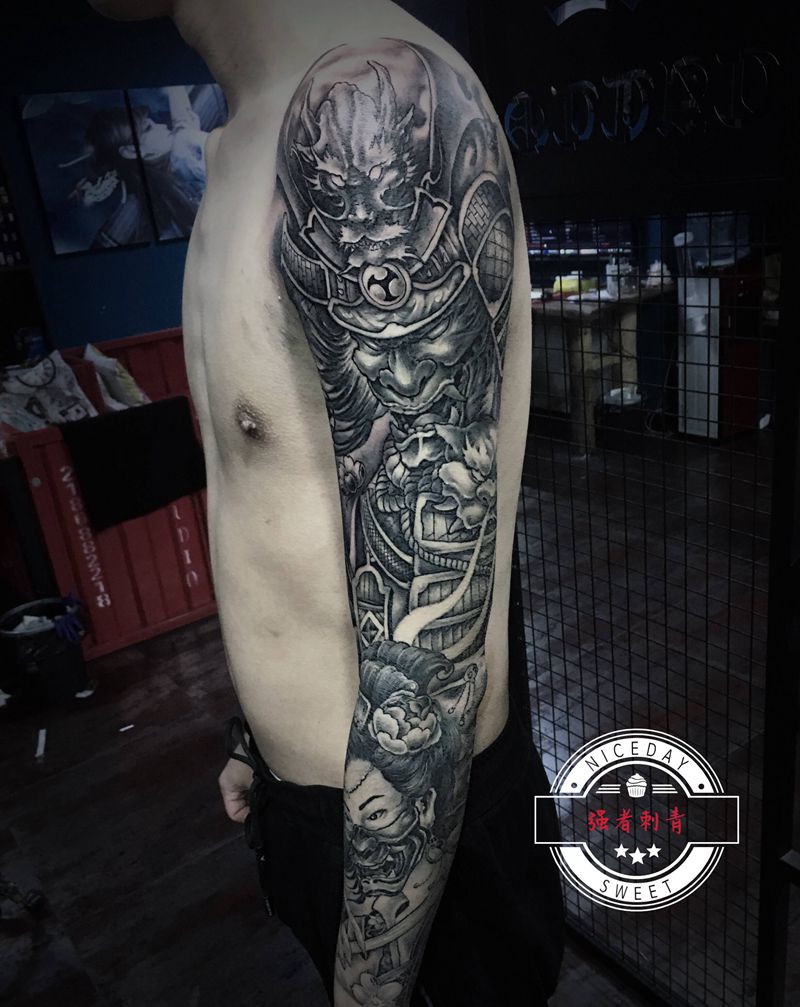鬼武士花臂纹身图片_手臂新传统强者刺青纹身图案