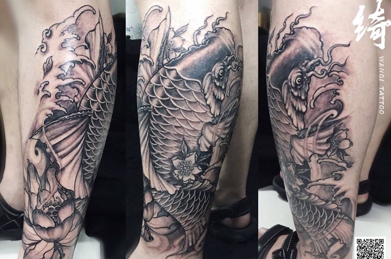 鲤鱼纹身图片_腿部新传统纹身图案