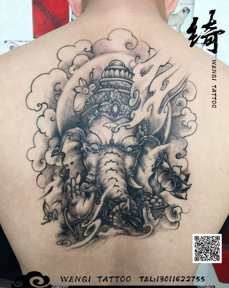 象神纹身图片_背部新传统纹身图案