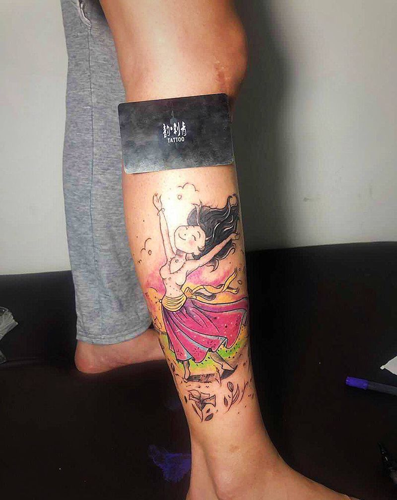 小姐姐小腿 水彩女孩纹身图片_腿部纹身图案