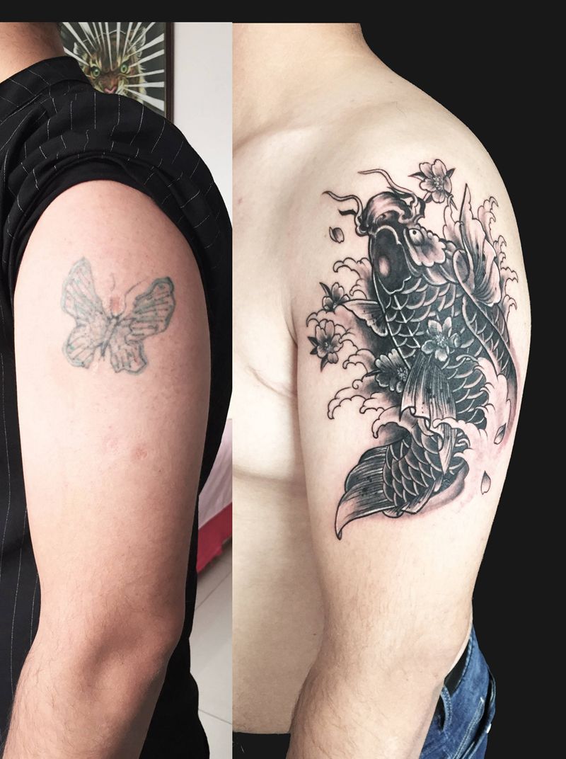 鲤鱼遮盖纹身纹身图片_手臂老传统新传统遮盖纹身图案