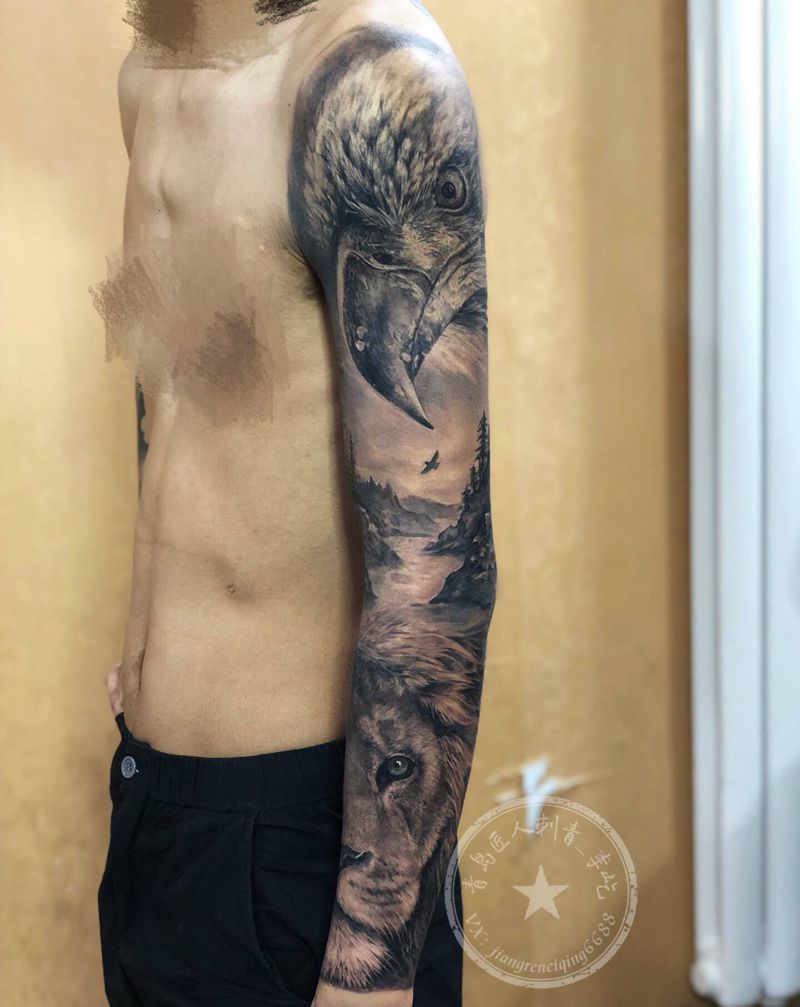 动物花臂纹身图片_手臂欧美写实狮子鹰老虎纹身图案
