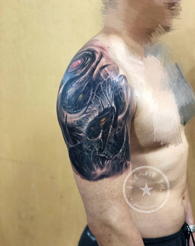 旧图遮盖生化 骷髅纹身图片_手臂肩部欧美写实骷髅生化纹身图案