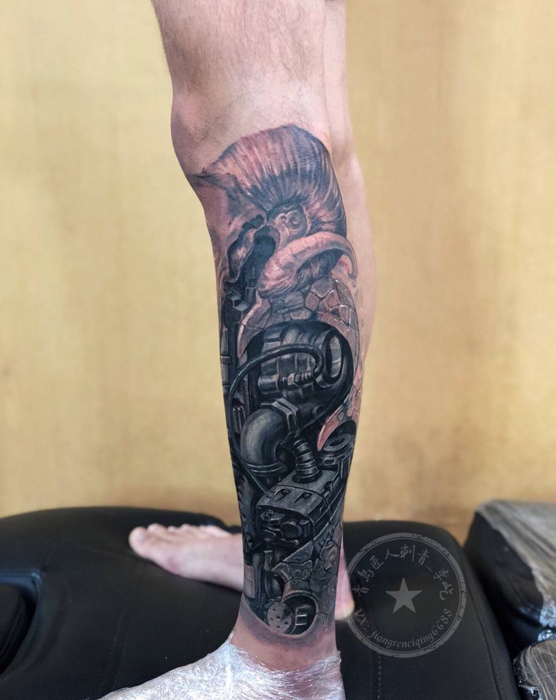 旧图遮盖机械小腿纹身图片_腿部欧美写实机械小腿遮盖纹身图案