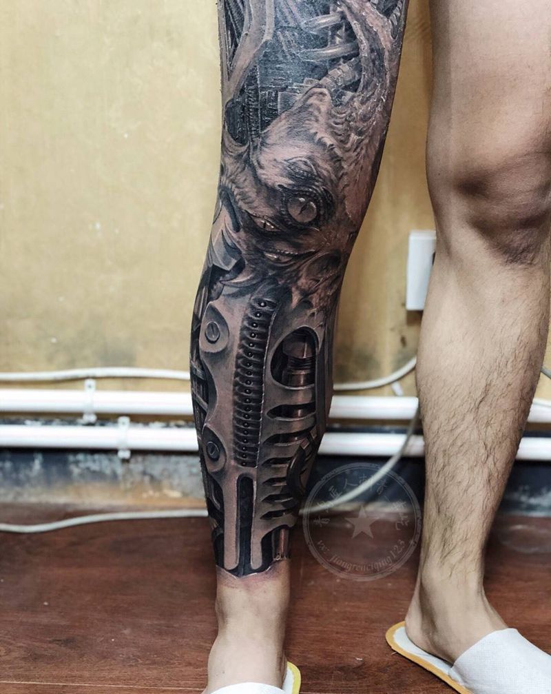 机械腿小腿部分纹身图片_腿部欧美写实机械纹身图案