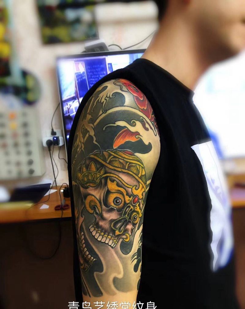 进度纹身图片_成品手臂传统人物手稿插画纹身图案