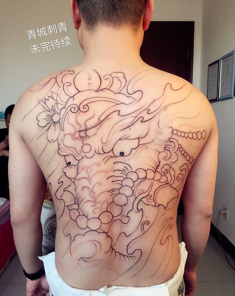 招财象神纹身图片_成品背部传统鬼神宗教动物纹身图案