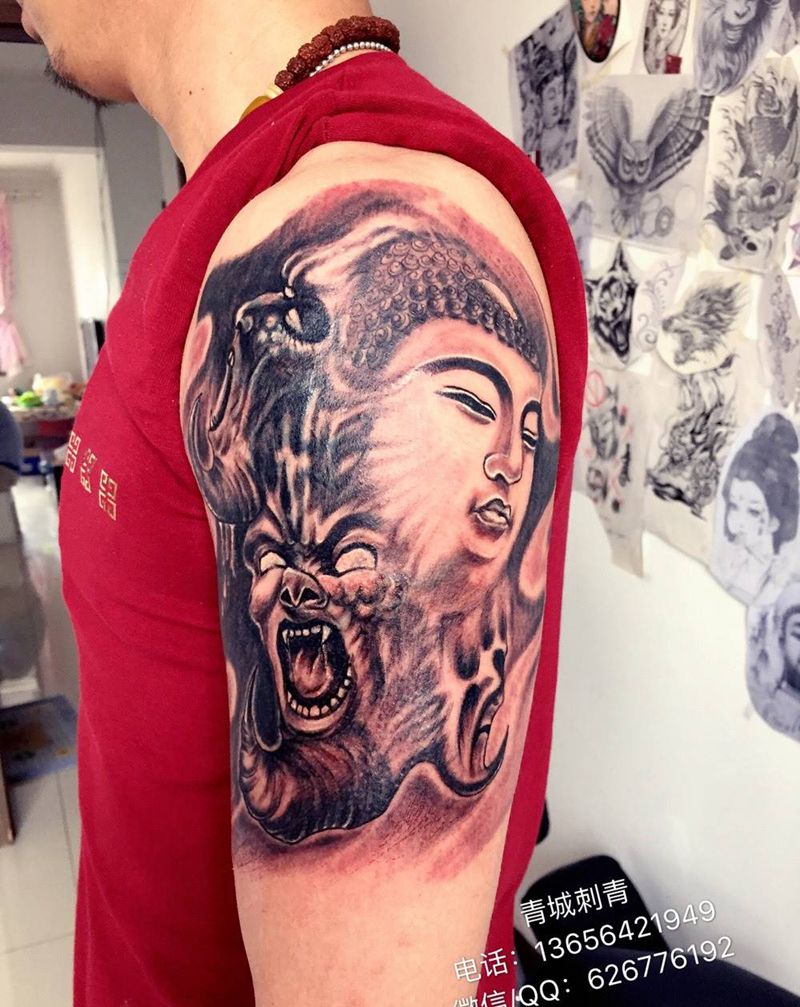 佛魔 一念之间纹身图片_成品手臂传统鬼神纹身图案