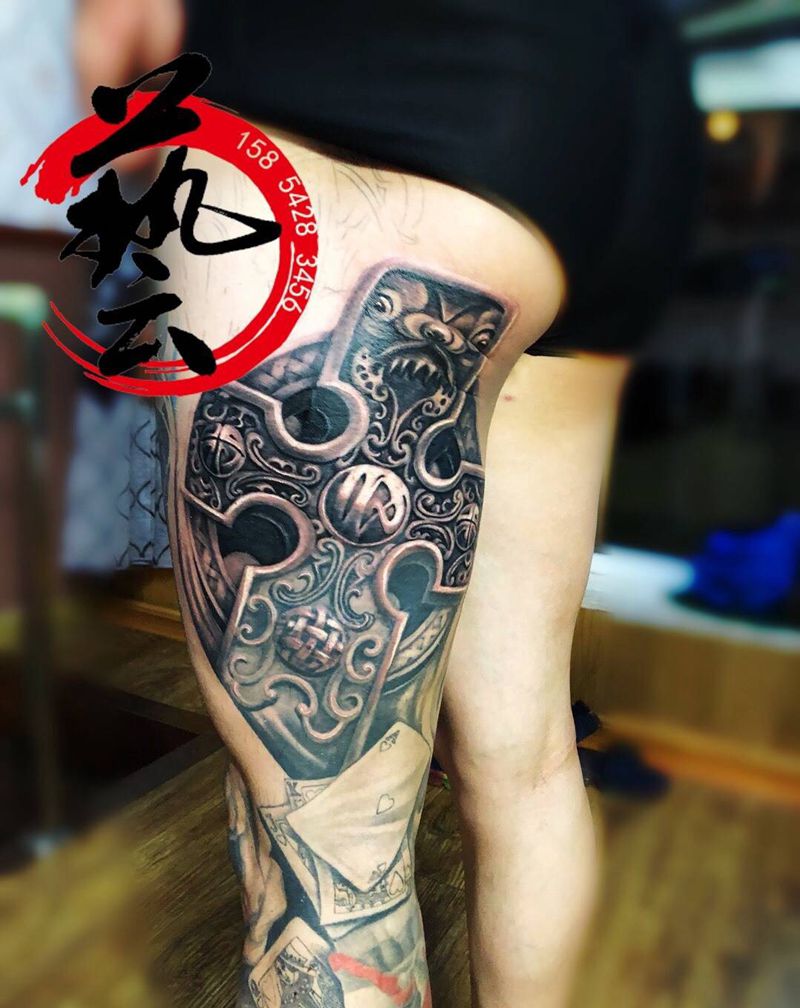 进度纹身图片_腿部欧美写实写实包腿纹身图案