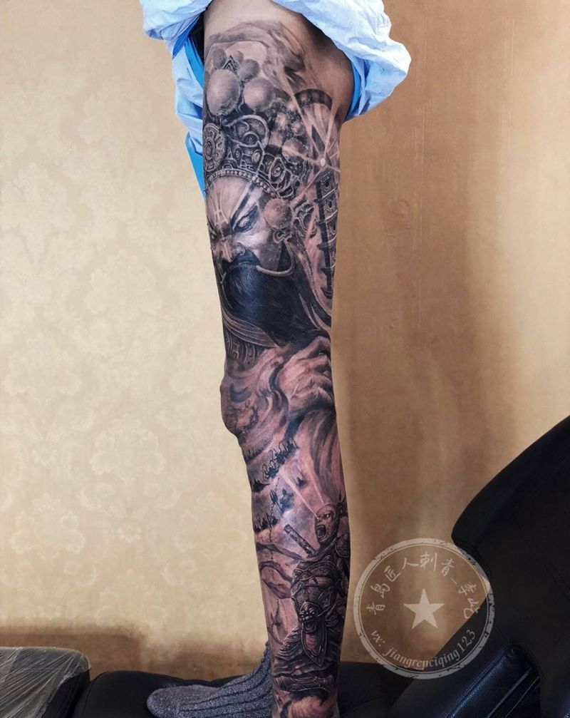 大闹天宫纹身图片_腿部欧美写实新传统托塔天王孙悟空纹身图案