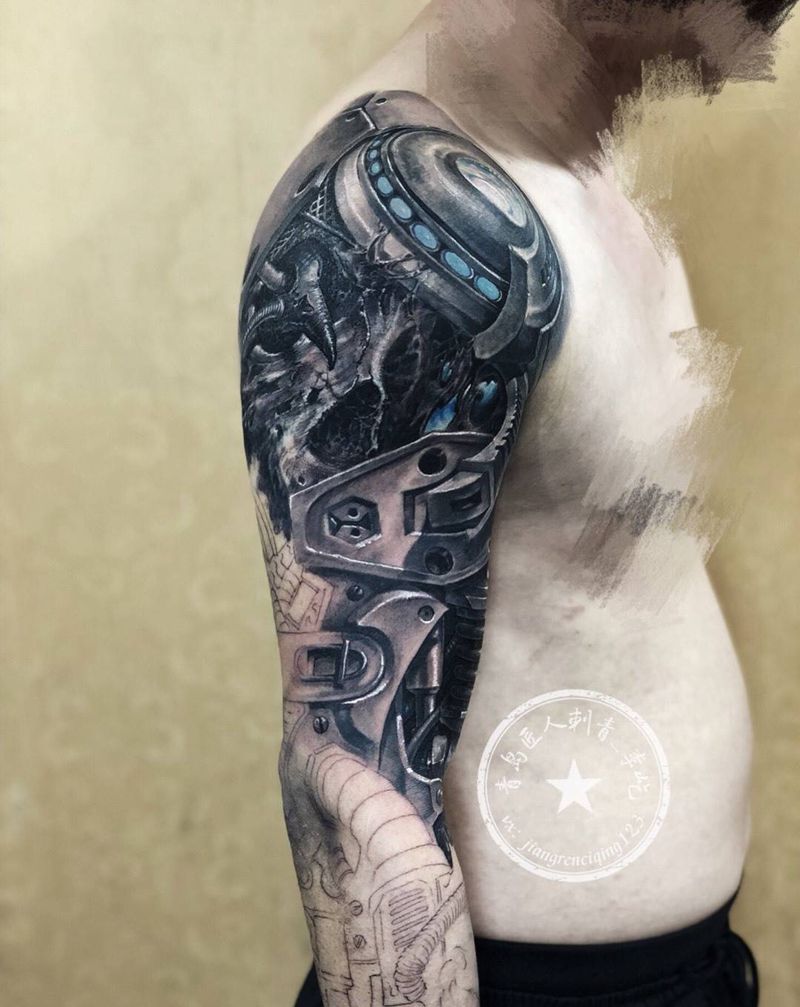 机械臂遮盖纹身图片_手臂欧美写实新传统机械臂纹身图案