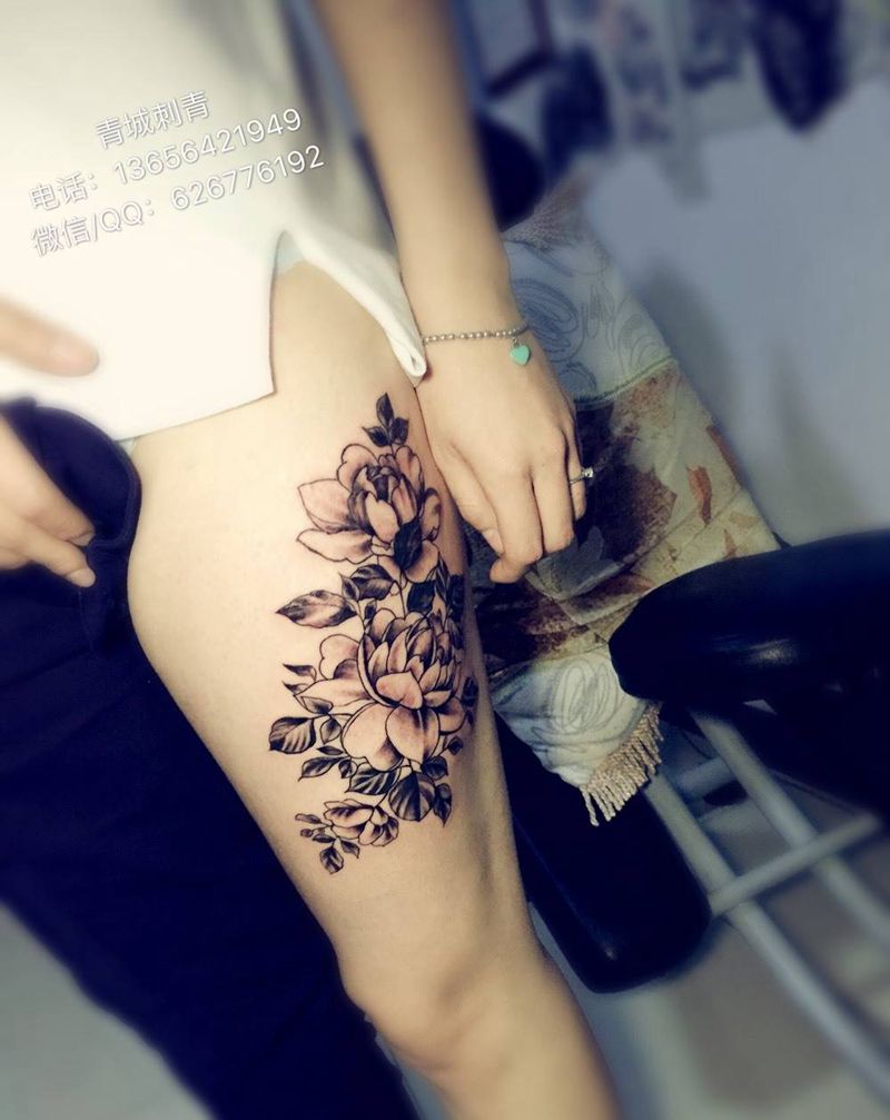 美女大腿花朵纹身纹身图片_成品腿部清新传统植物原创纹身图案