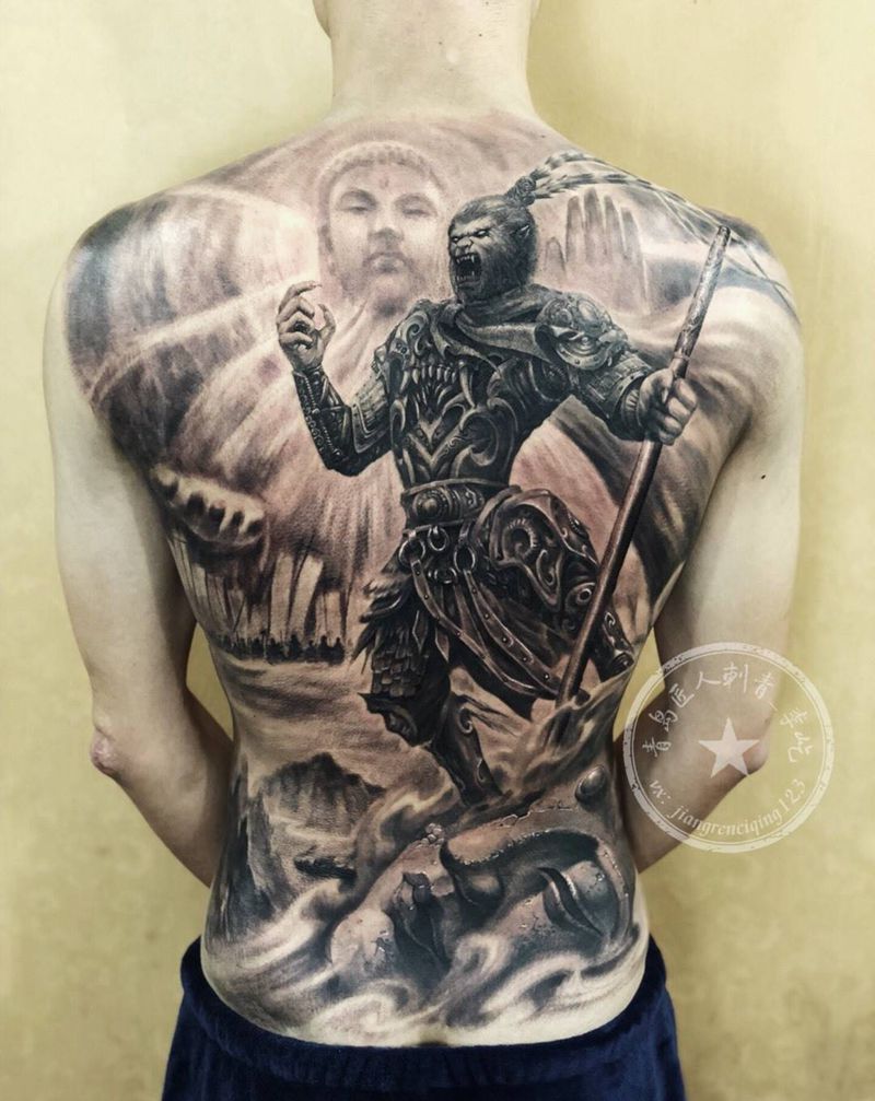 齐天大圣4纹身图片_背部新传统欧美写实齐天大圣 孙悟空大闹天宫纹身图案