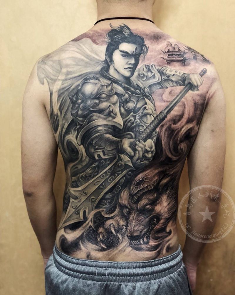 二郎真君Ⅱ  杨戬 二郎神纹身图片_背部欧美写实新传统二郎神杨戬纹身图案