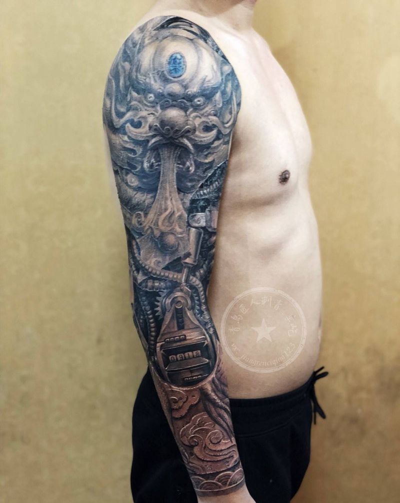 临摹机械雕龙臂（改版）纹身图片_手臂欧美写实机械石雕纹身图案