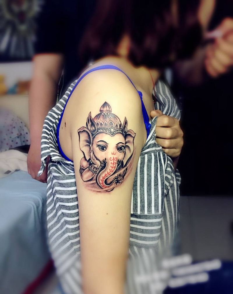 情侣象神纹身图片_成品手臂传统鬼神宗教情侣纹身图案