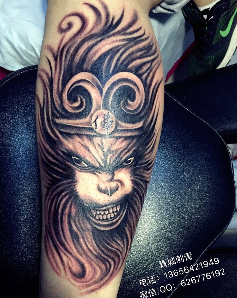 斗战胜佛 包小腿一侧纹身图片_成品腿部传统人物鬼神纹身图案