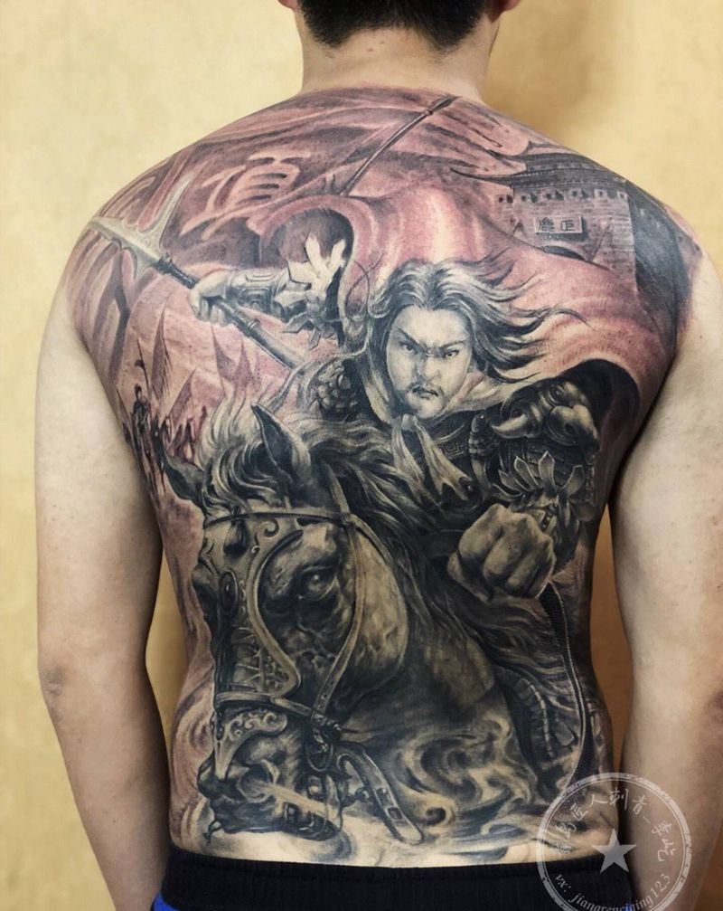 巨鹿之战 项羽纹身图片_背部新传统欧美写实项羽人物满背纹身图案