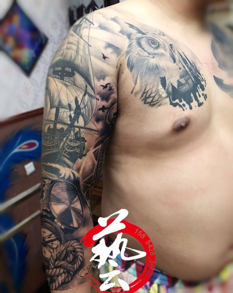 归航纹身图片_肩部腹部欧美写实欧美纹身图案