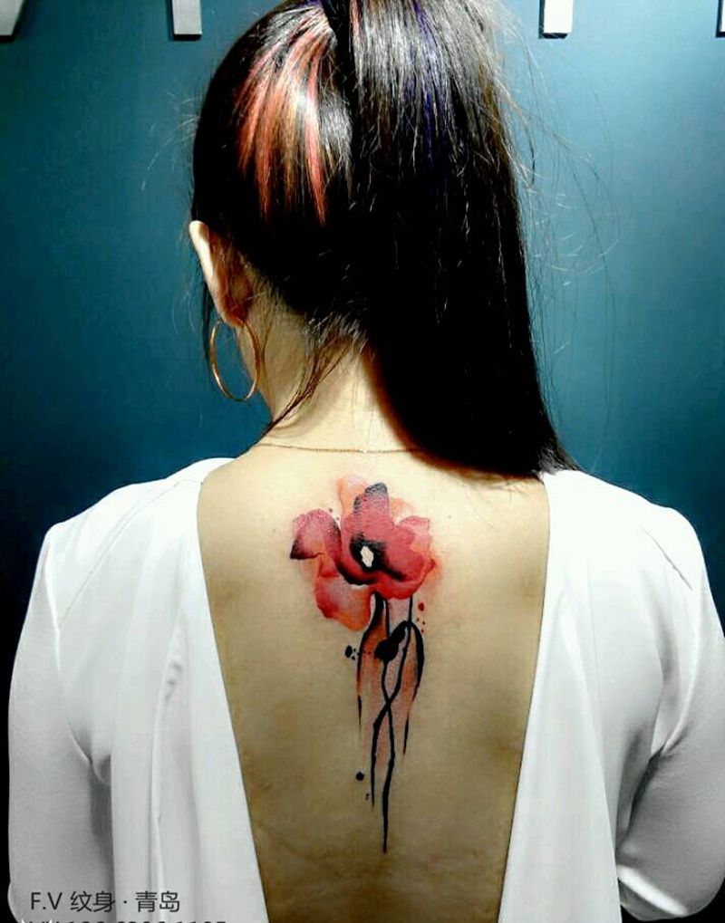水彩 罂粟花纹身纹身图片_颈部背部脚部清新植物青岛FV成品纹身图案