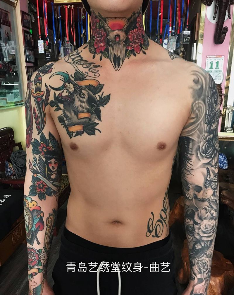 全甲进度纹身图片_成品手稿插画原创欧美写实胸部纹身图案