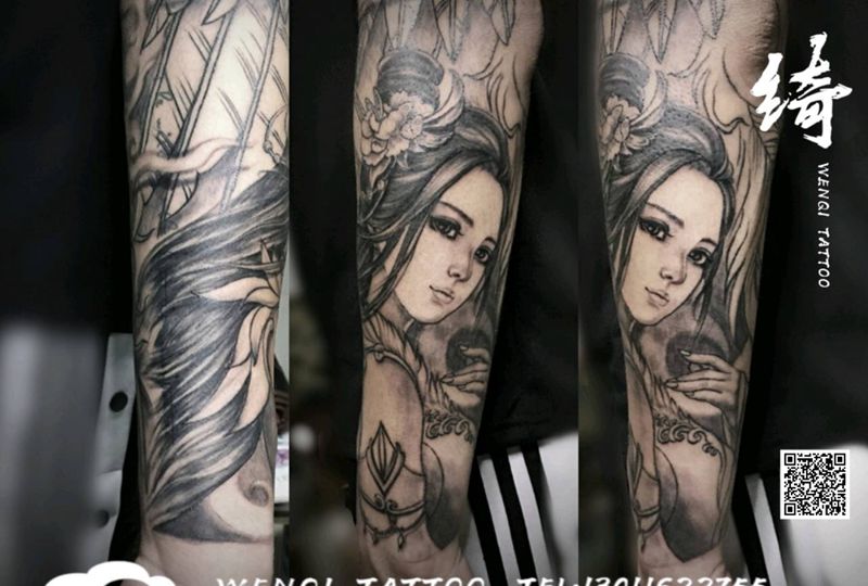 古风美女纹身图片_手臂新传统纹身图案