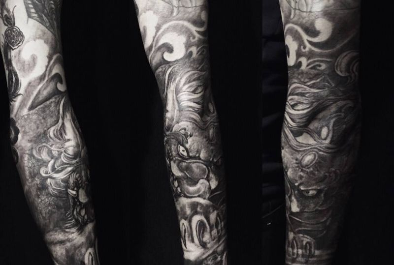 如意招财貔貅花臂纹身图片