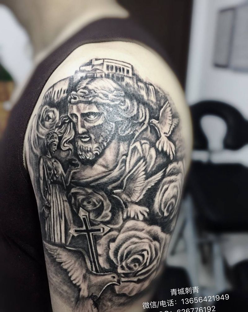 耶稣纹身纹身图片_手臂欧美写实纹身图案