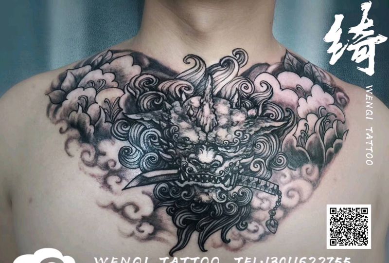 唐狮纹身图片_颈部新传统纹身图案